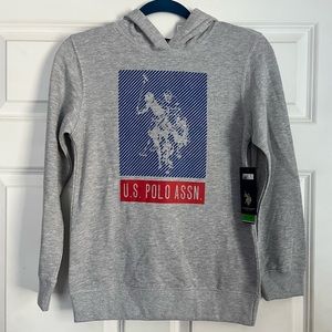 NWT Kids U.S. Polo Assn. Gray, Blue and White Striped Logo Hoodie Sweatshirt